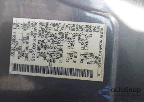 2006 Nissan Pathfinder Le z USA, uszkodzony, nr VIN 5N1AR18UX6C605346